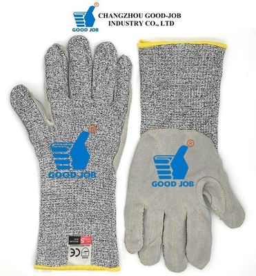 Long Cuff HPPE Polyethylene Cow Split Leather Level 5 Anti Cut Gloves Saw Proof
